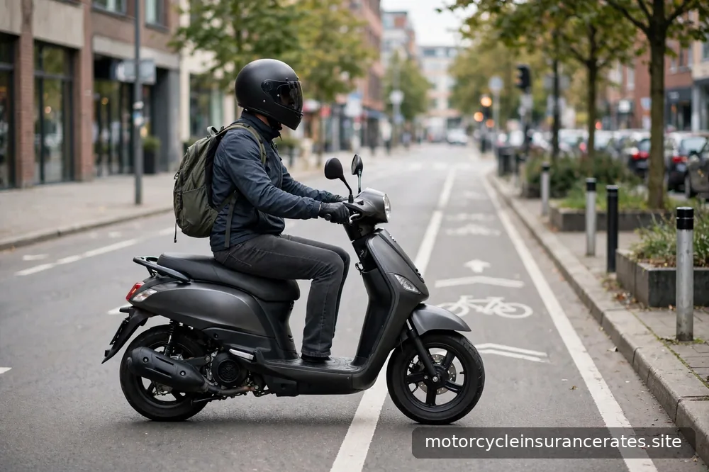 A commuter in a helmet riding a scooter through a city bike lane in daylight