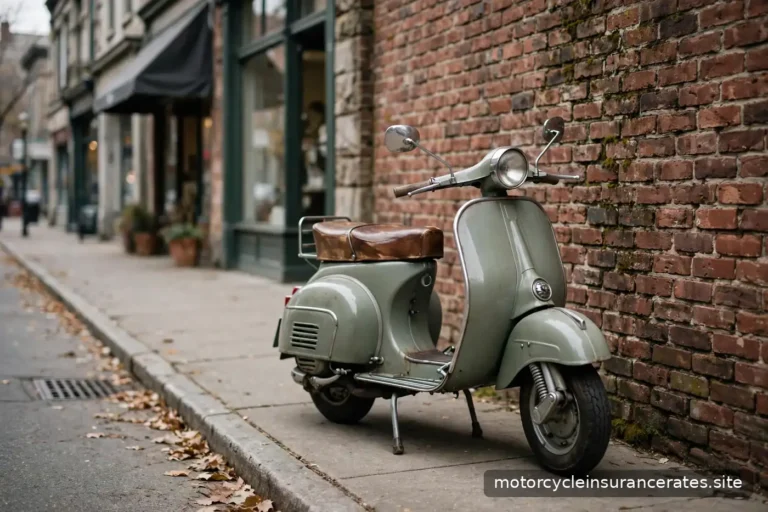 A vintage-style scooter parked by a brick wall in a downtown street, no people