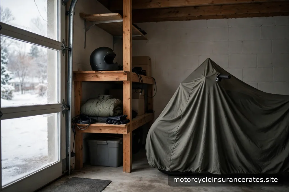 A motorcycle under a fitted cover inside a home garage in winter, riding gear stored on a nearby shelf