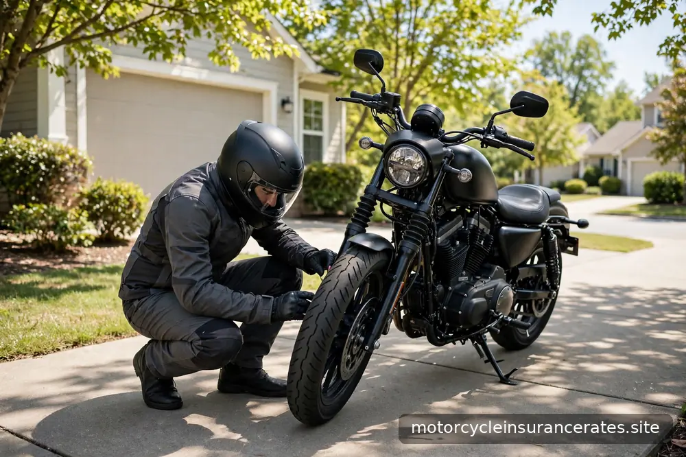 A helmeted rider doing a pre-ride walk-around inspection of a motorcycle in a sunny driveway