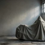 Seasonal Riding: Storage, Lay-Up Coverage, and Winter Options A covered motorcycle in a dim home garage with soft winter light through a small window