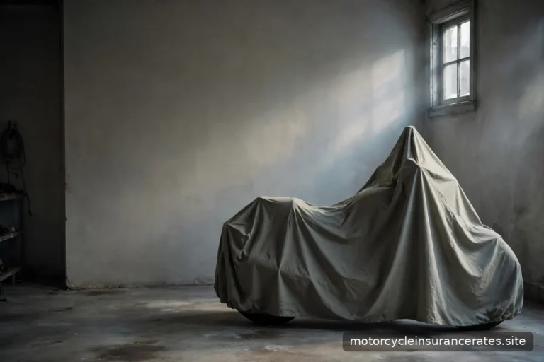 A covered motorcycle in a dim home garage with soft winter light through a small window