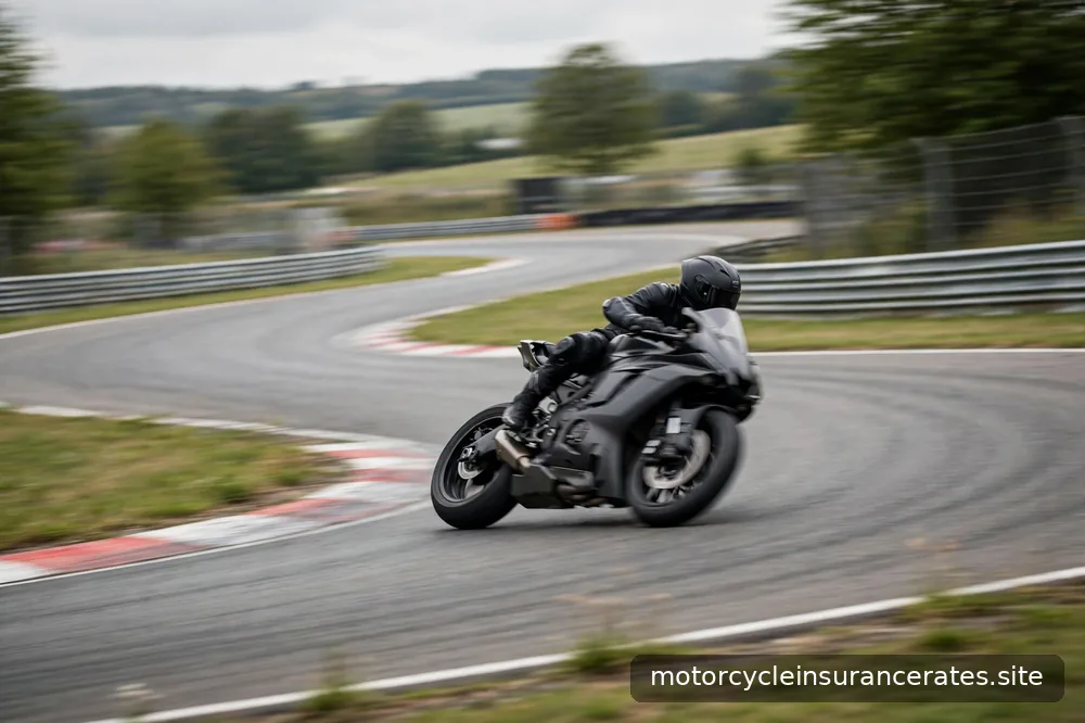 A rider in full leathers leaning through a corner on a closed racetrack, no spectators visible