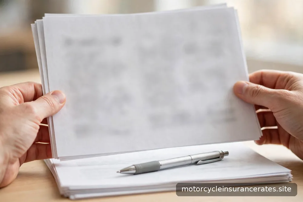 Close-up of hands holding printed insurance policy pages, with a pen resting on the exclusions section