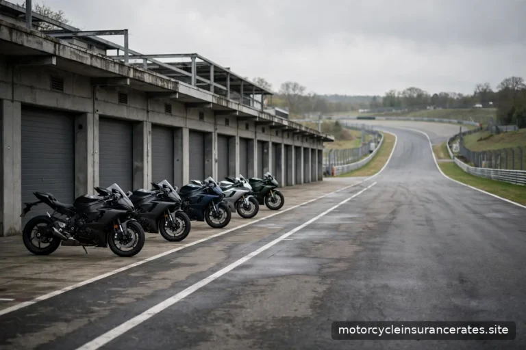 A closed racetrack pit lane with parked motorcycles and an empty track beyond, no racing in progress