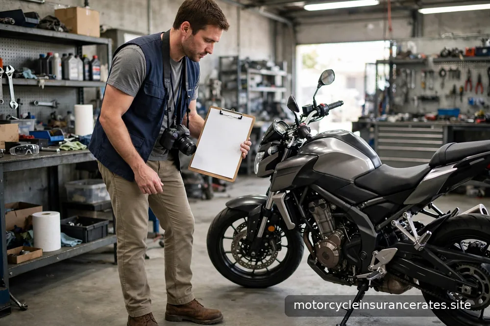 A claims adjuster in a workshop inspecting motorcycle damage with a clipboard and camera