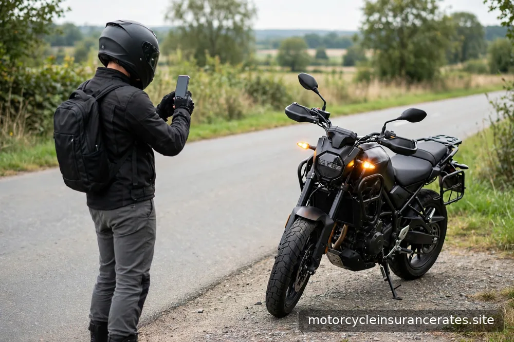 A rider photographing motorcycle damage with a smartphone at the roadside, hazard lights on