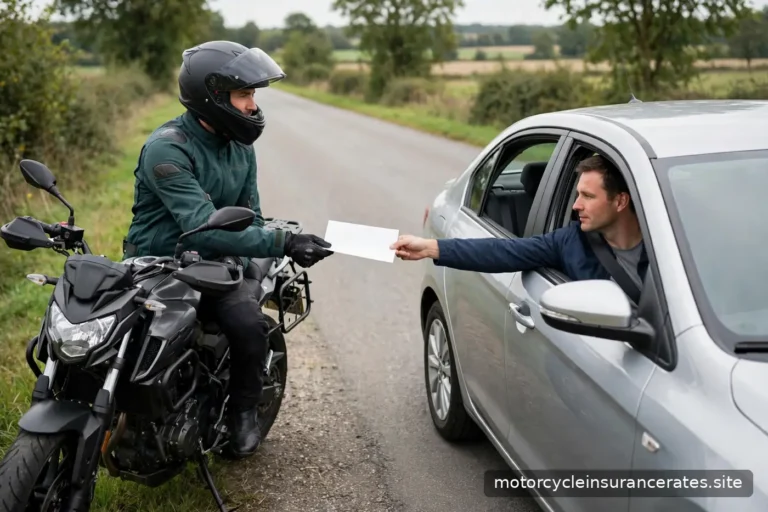 A motorcyclist exchanging documents with another driver at a calm roadside scene, both vehicles visible