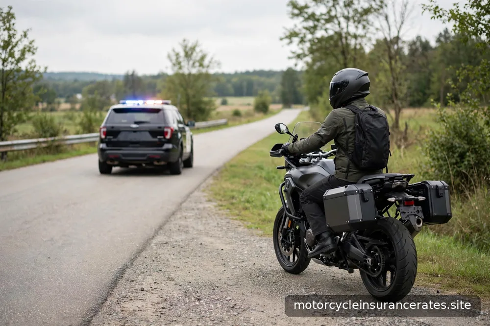 A motorcycle rider stopped at a roadside traffic stop, police cruiser lights visible ahead