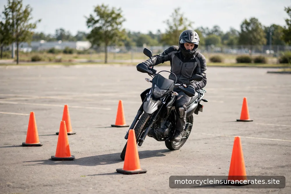 A rider in training gear practicing slow-speed maneuvers in an empty parking lot with cones
