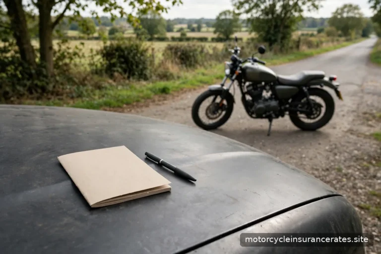A traffic citation booklet and pen on a car hood beside a parked motorcycle at a roadside stop