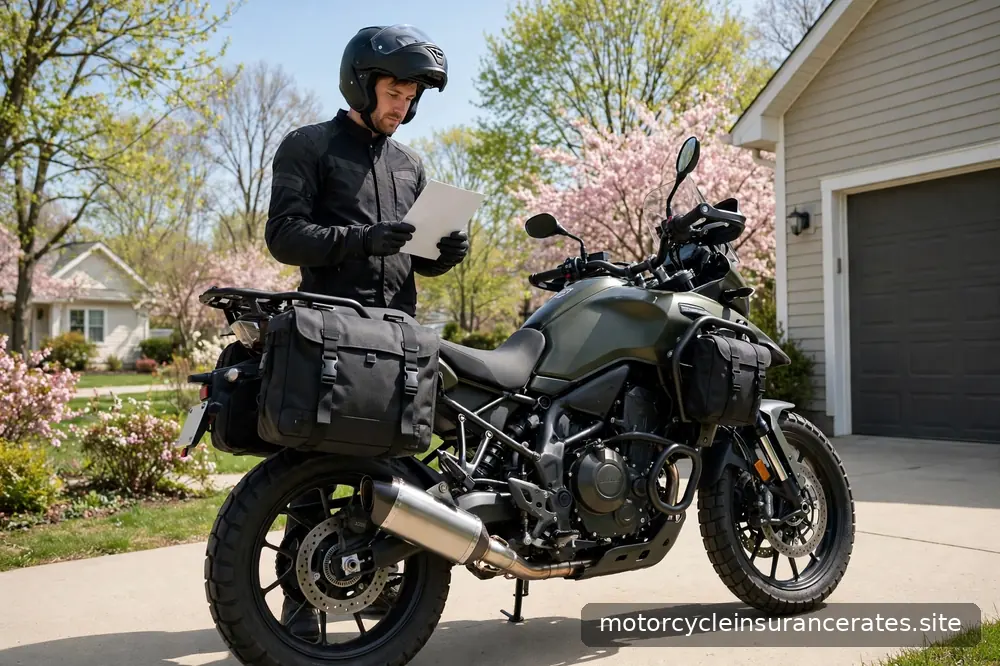 A motorcycle with new aftermarket saddlebags and exhaust parked in a driveway, a rider reviewing paperwork beside it