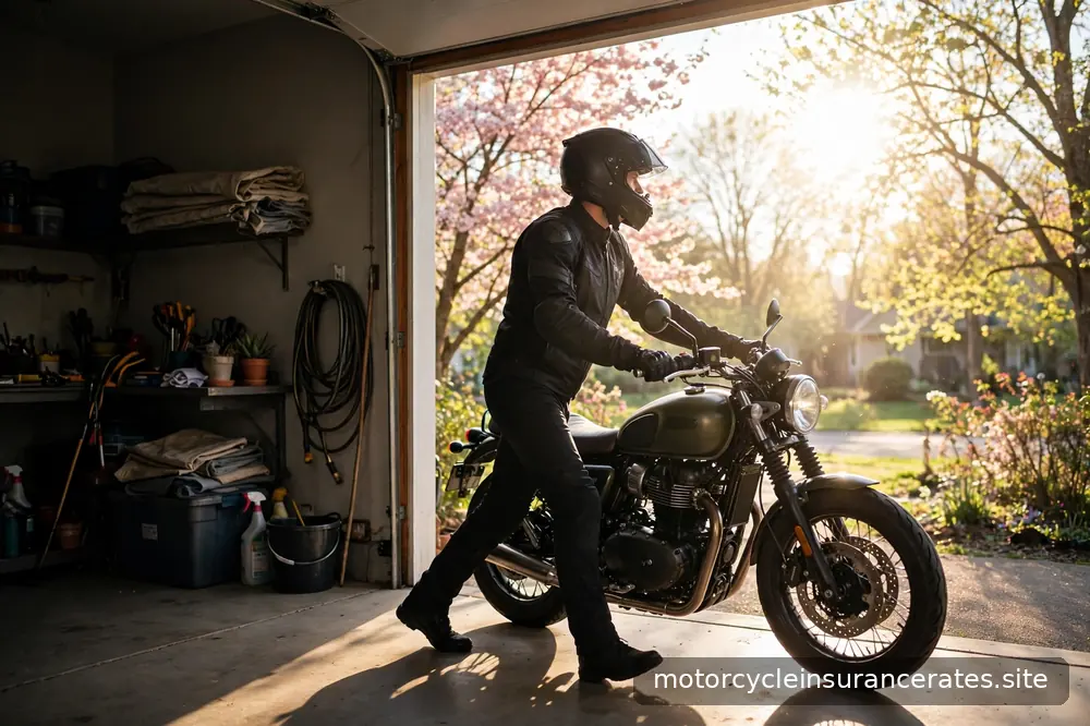 A rider in full gear rolling a motorcycle out of a garage into bright spring sunlight
