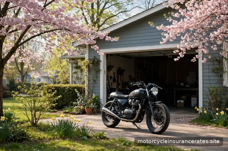 A motorcycle parked outside a garage on a bright spring morning with blooming trees nearby