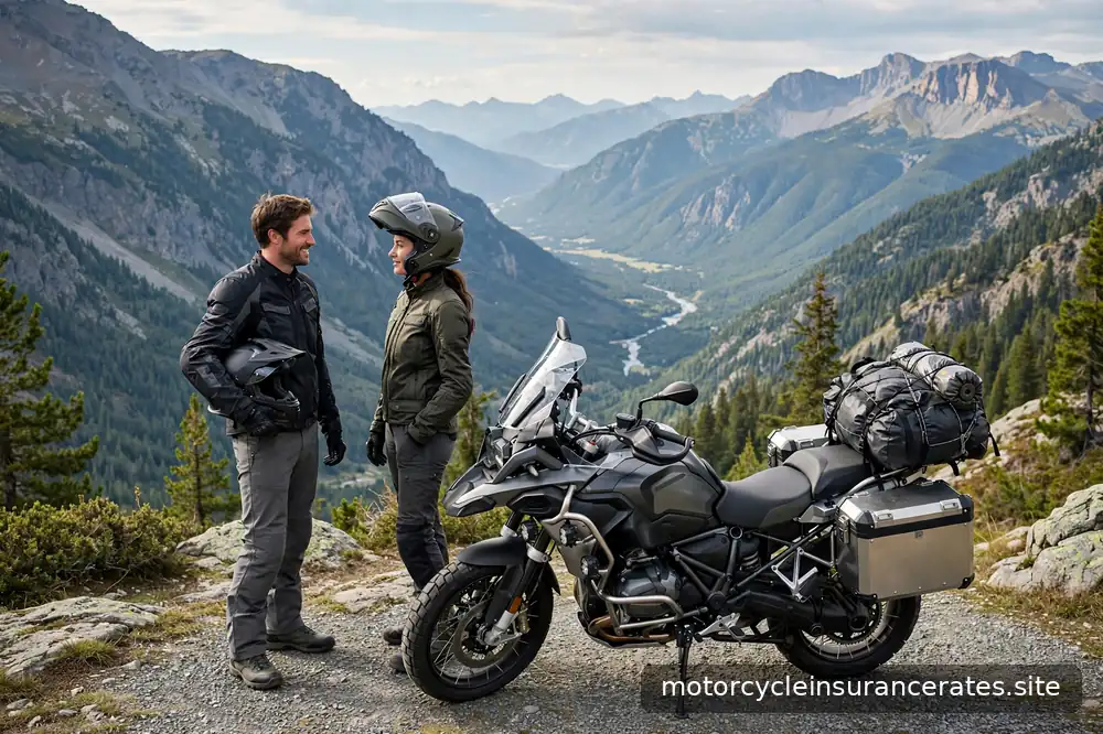 Two riders in full gear beside a loaded touring motorcycle at a scenic overlook, luggage strapped on