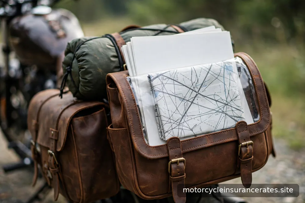 A close-up of a motorcycle's loaded saddlebags and tank bag, with a map and documents visible in a tank-bag window