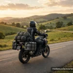 Rally and Road-Trip Season: Insurance Questions for Long Rides A touring motorcycle with luggage riding on an open highway through scenic hills at golden hour