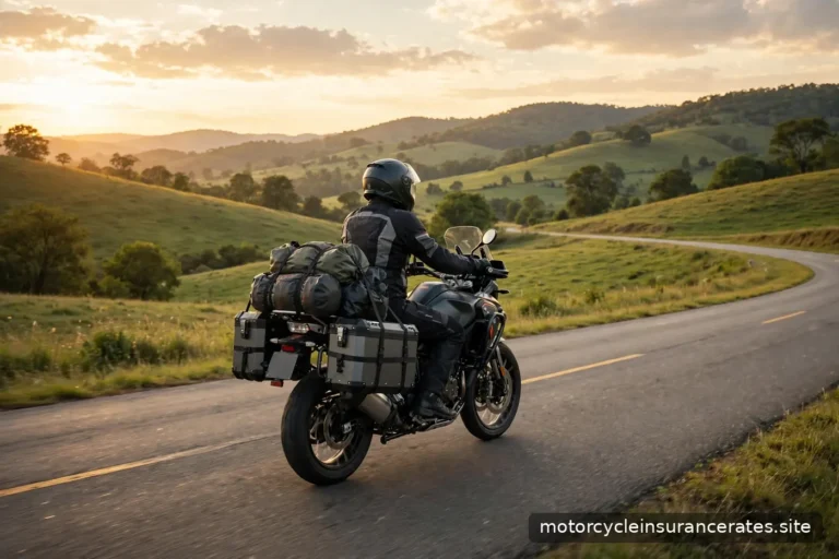 A touring motorcycle with luggage riding on an open highway through scenic hills at golden hour