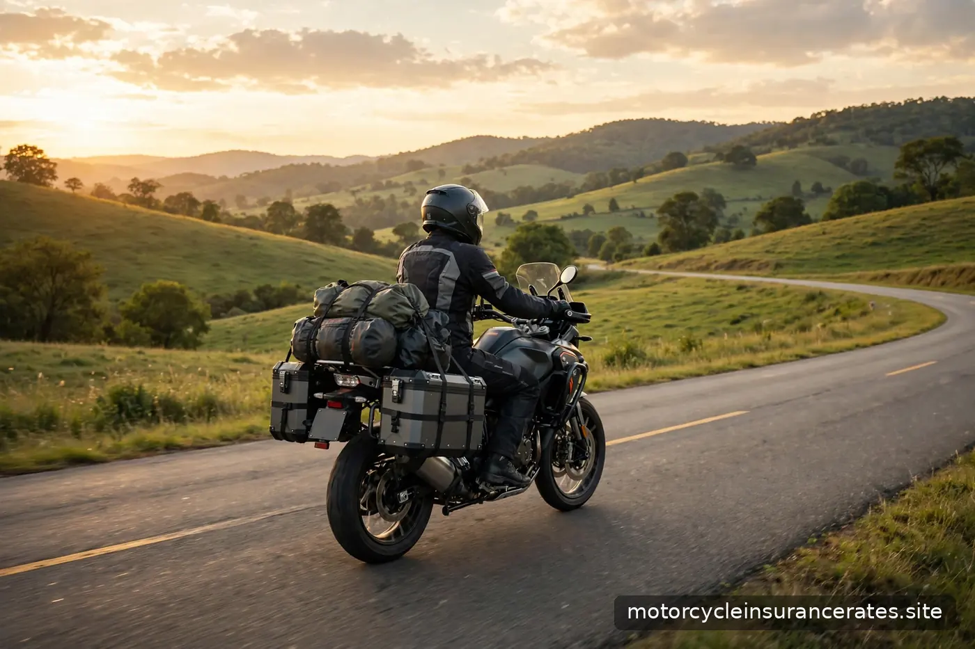 A touring motorcycle with luggage riding on an open highway through scenic hills at golden hour