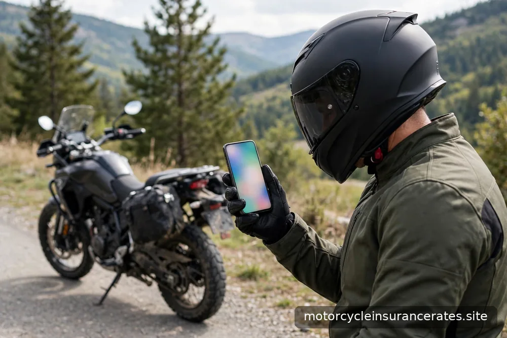 A rider in a full-face helmet checking a phone showing a state DMV website, motorcycle parked nearby
