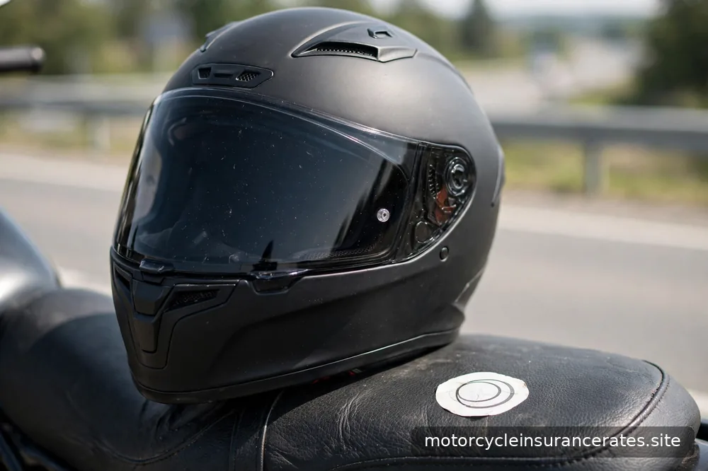 Close-up of a DOT-stickered full-face helmet resting on a motorcycle seat, with a blurred highway in the background