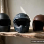 Motorcycle Helmet Laws by State: How to Look Up Your State's Current Rules (2026) A row of different motorcycle helmets (full-face, modular, half) on a wooden shelf