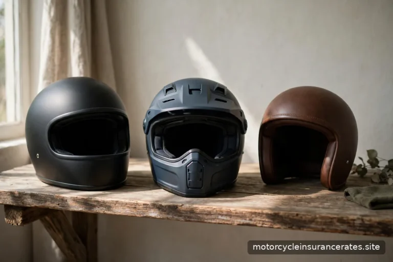 A row of different motorcycle helmets (full-face, modular, half) on a wooden shelf