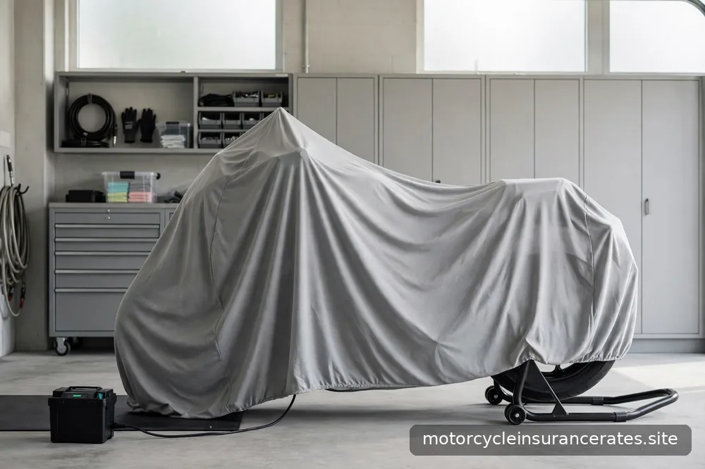 A motorcycle on a paddock stand under a breathable cover in a clean garage, with a battery tender connected