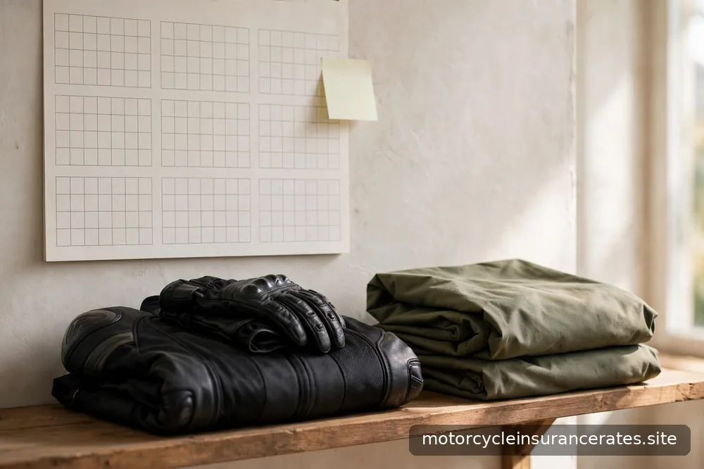A wall calendar showing late fall months with a reminder note, beside folded motorcycle gear and a bike cover