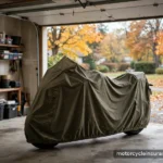 Motorcycle Insurance Compass — Clear, Honest Guides to Motorcycle Insurance A motorcycle under a cover in a garage with autumn leaves visible outside the open door