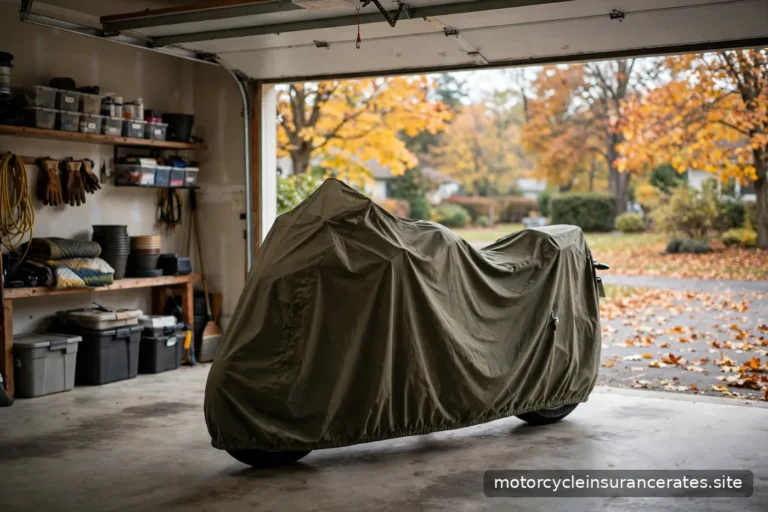 A motorcycle under a cover in a garage with autumn leaves visible outside the open door